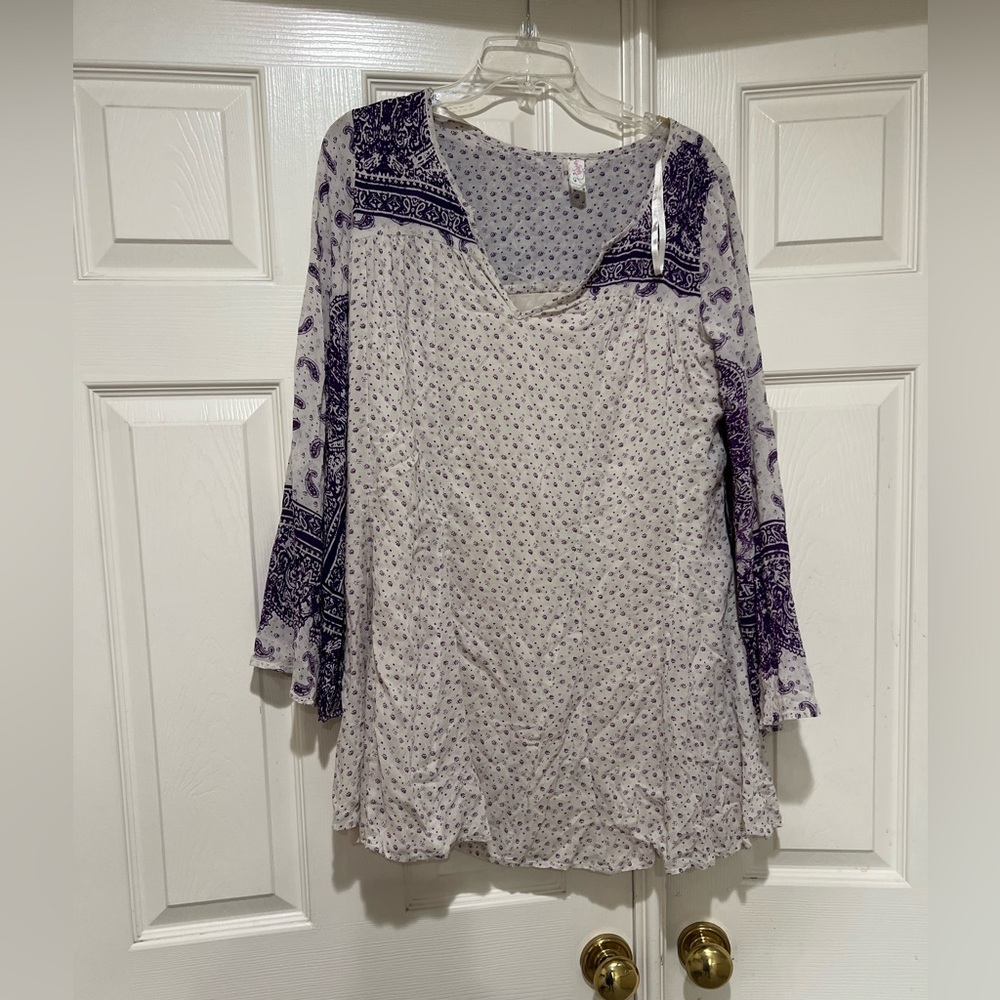Free‎ People Floral Boho Tunic Dress | Cream Purple Paisley Bell Sleeve Small